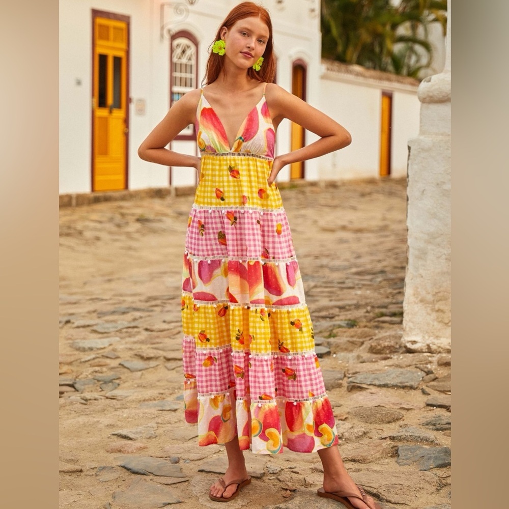 FARM RIO 🍃 MIXED PICNIC CASHEW GINGHAM FRUIT MAXI DRESS MIXED PRINT $275 Large